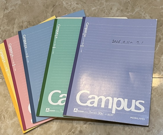 表紙に使用期間の日付を手書きした使用済みCampusノート5冊
